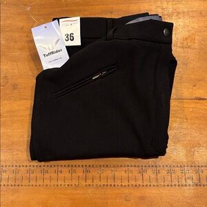 New! TUFF RIDER 36 Black Ribbed Front Zip Knee Patch Breeches Equestrian